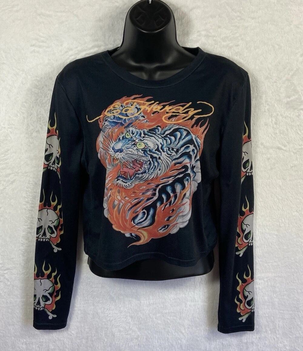 Ed Hardy Crop Top Women’s Long Sleeve Fire Tiger Grunge Y2K Size L